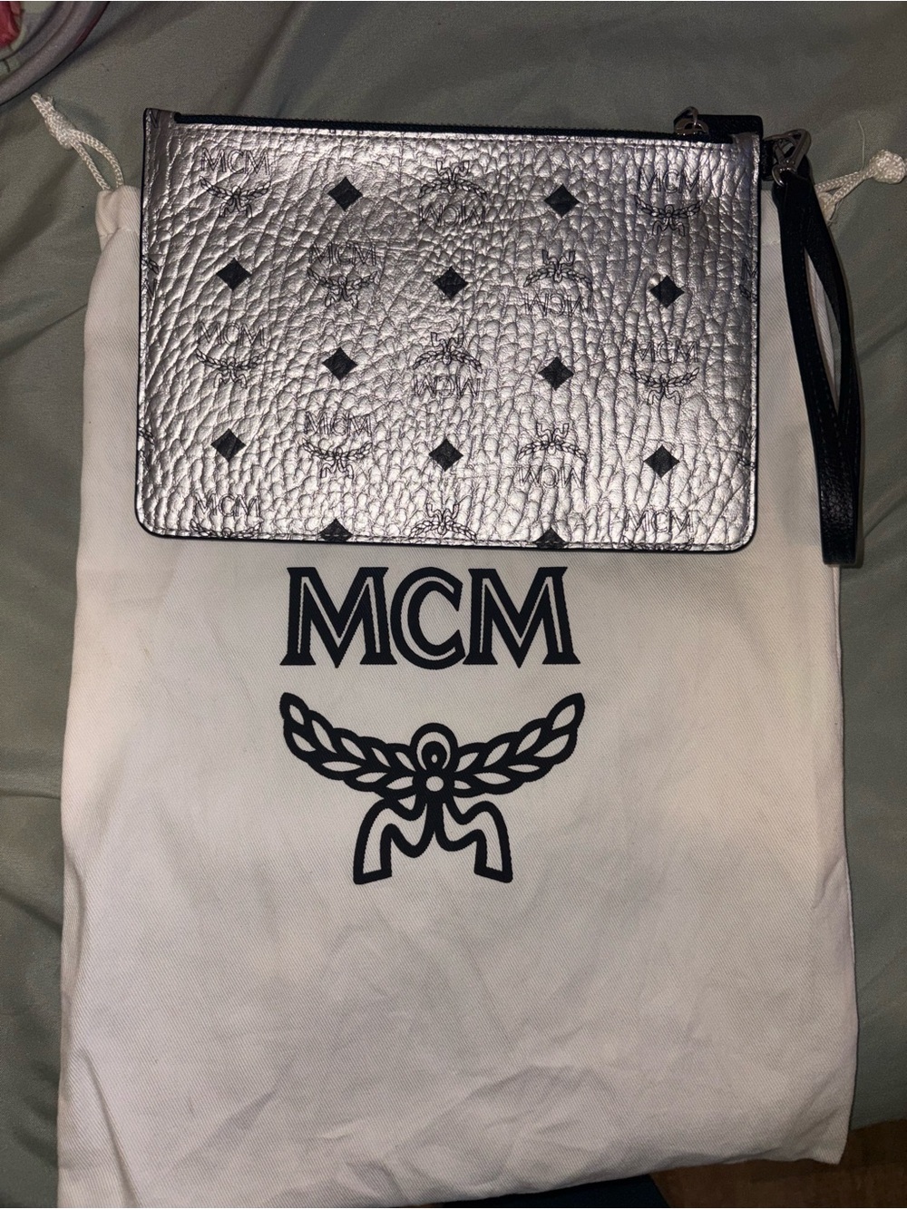 MCM Metallic Silver Logo Wristlet with Black Strap